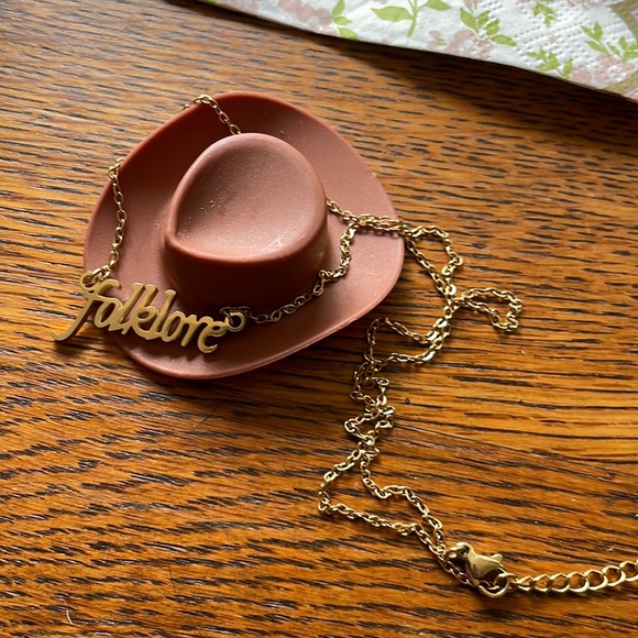 SOLD Taylor Swift Folklore Necklace  Album Gold Handwriting Script Text - Picture 3 of 6